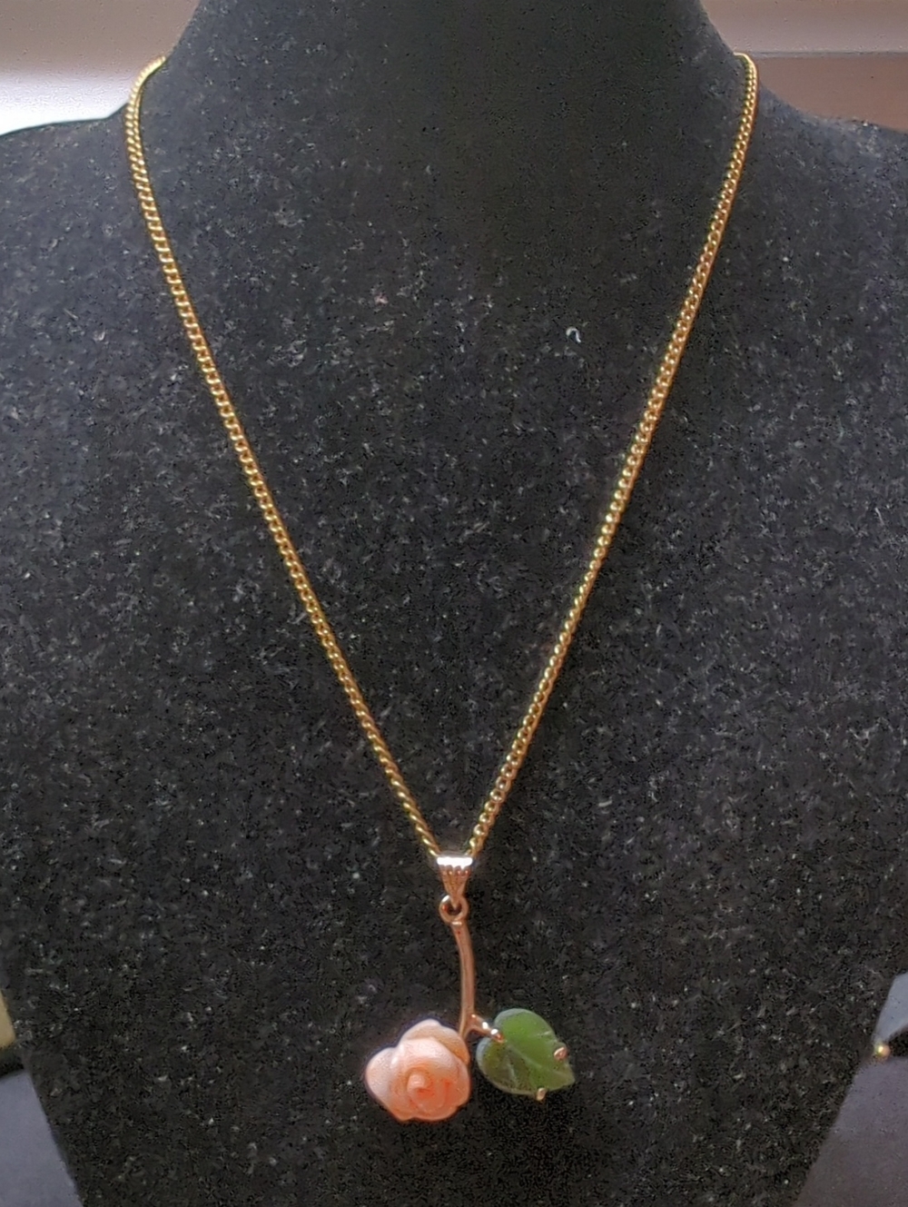 Gold-Tone Rose Pendant Necklace with Pink Flower and Green Leaf